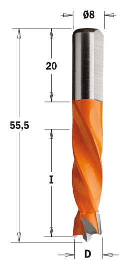 Kolíkovací vrták neprůchozí S=8x20 (D=5,55 mm; I=30 mm; L=55,5 mm; Z2) LH