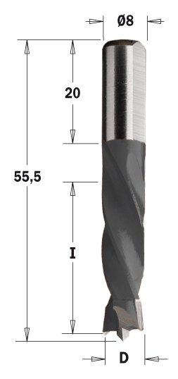 Kolíkovací vrták neprůchozí S=8x20 (D=6 mm; I=30 mm; L=55,5 mm; Z2) RH