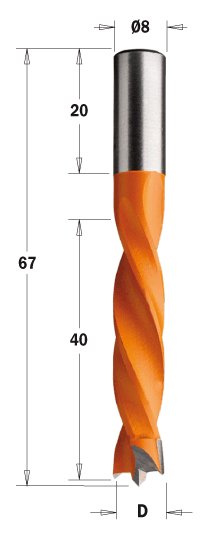 Kolíkový vrták S=8x20 (D=5 mm; I=40 mm; L=67 mm; Z2) LH