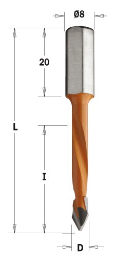 Kolíkovací vrták průchozí (D=8 mm; I=30 mm; L=56 mm; Z2) LH